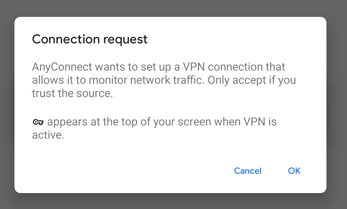 Screenshot of Connection Request notification. Prompts user to select OK. 