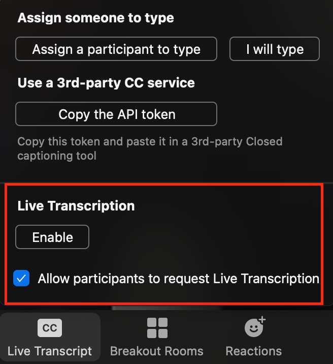 Live Transcript screenshot with Enable highlighted