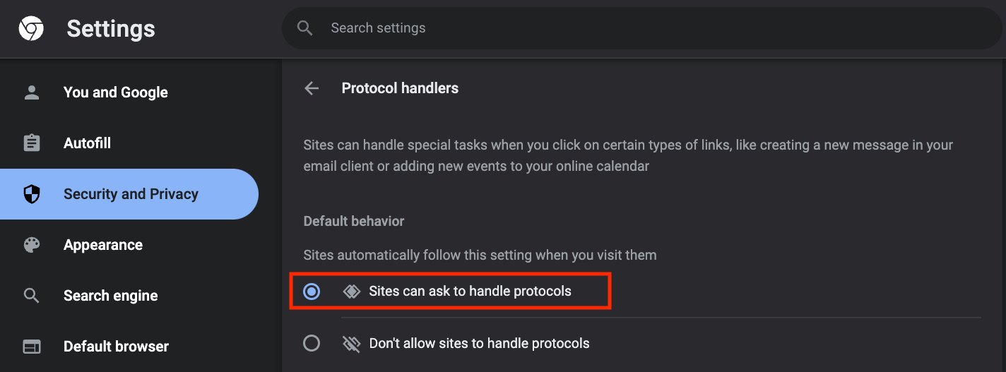 screenshot of selecting Sites can as to handle protocols. 