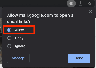 screenshot of selecting "allow" when asked "Allow mail.google.com to open all email links?: