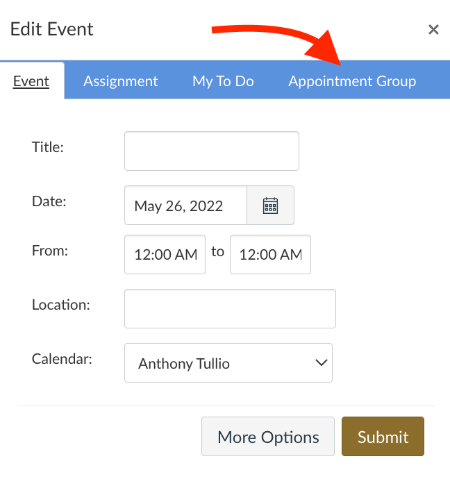 screemsjpt of the Edit Event screen with Appointment Group highlighted on the right of the menu bar. 