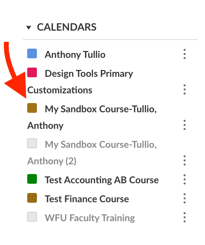 screenshot of the course checked as active under Calendars. 
