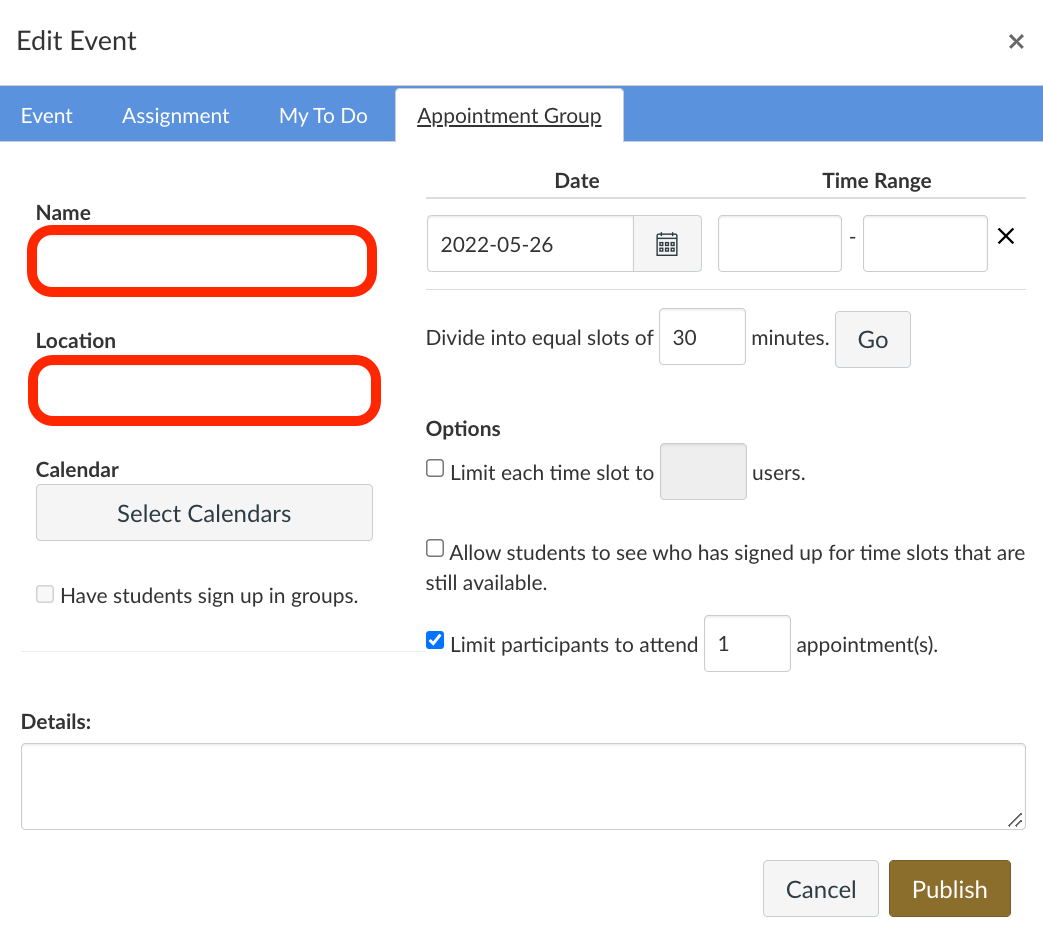screenshot of Name and Location highlighted under the Edit Event - Appointment Group screen