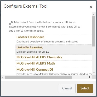 The LinkedIn Learning option selected and the gold Select button highlighted