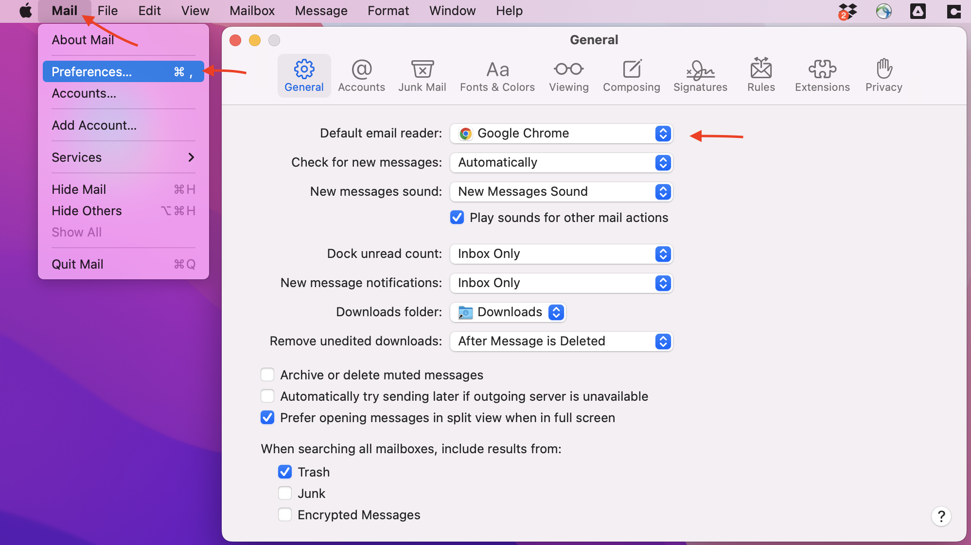 picture shows how to navigate to setting.  Open mail, select mail tab, select preferences, under general tab, choose to modify "default email reader" option to Google Chrome.