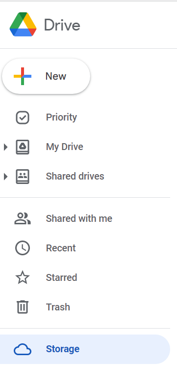 A screenshot of the Google Drive window with the Storage link highlighted