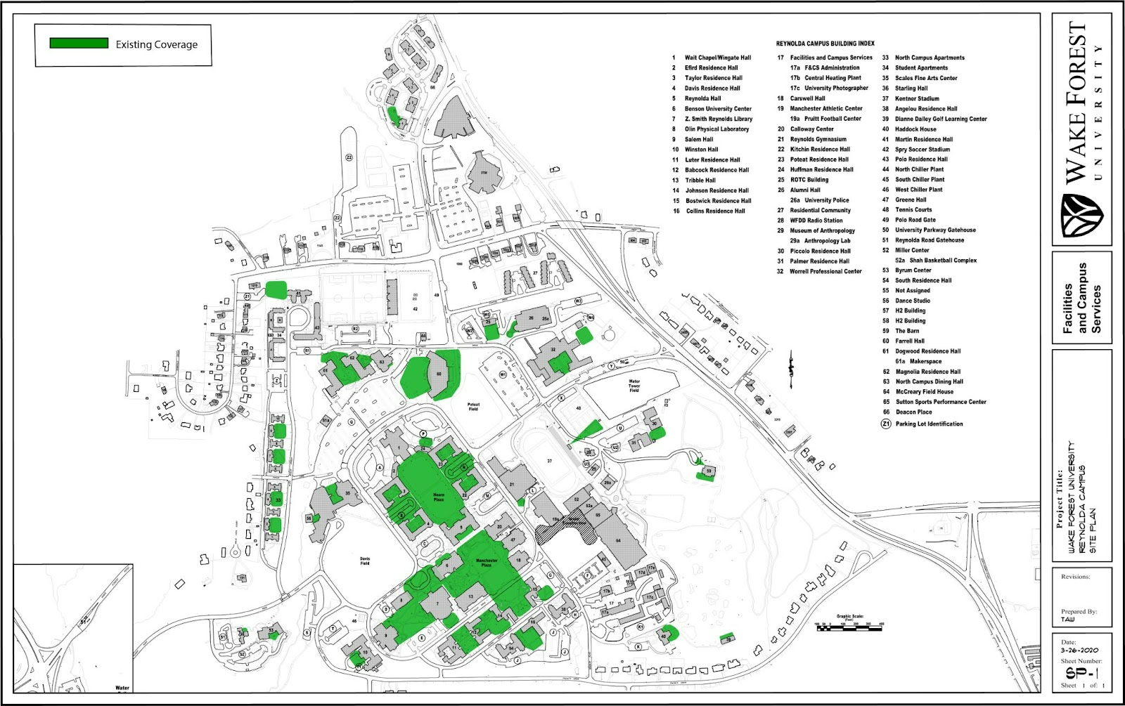 An image of the Reynolda campus with wireless areas highlighted in green