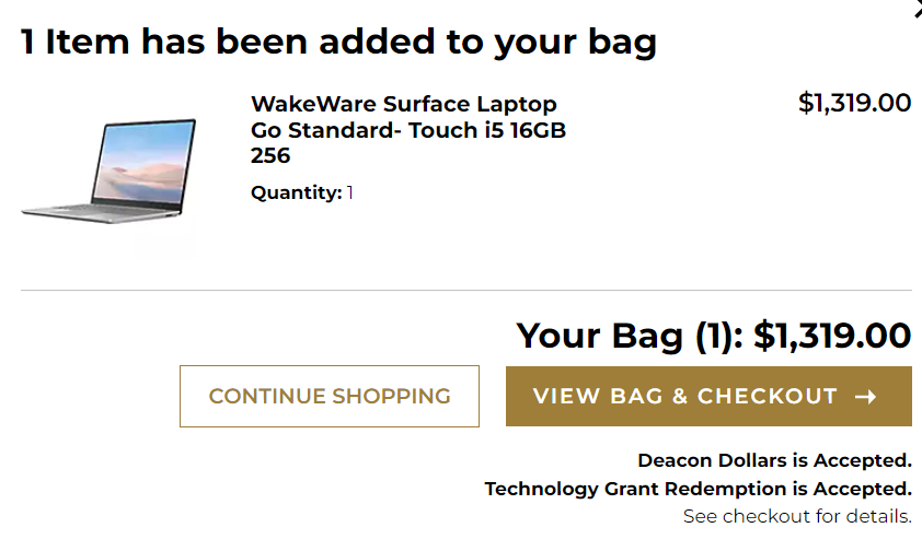 Screenshot of the Microsoft Surface added to bag for purchase. Gold button to click to view bag and checkout.