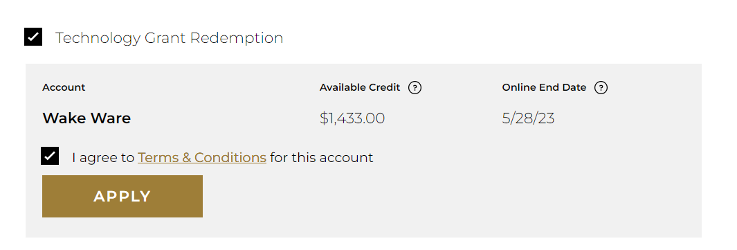 Screenshot where the user sees their Grant dollars, checks the box to agree to terms and clicks the Apply button to  apply the grant money towards the pruchase.