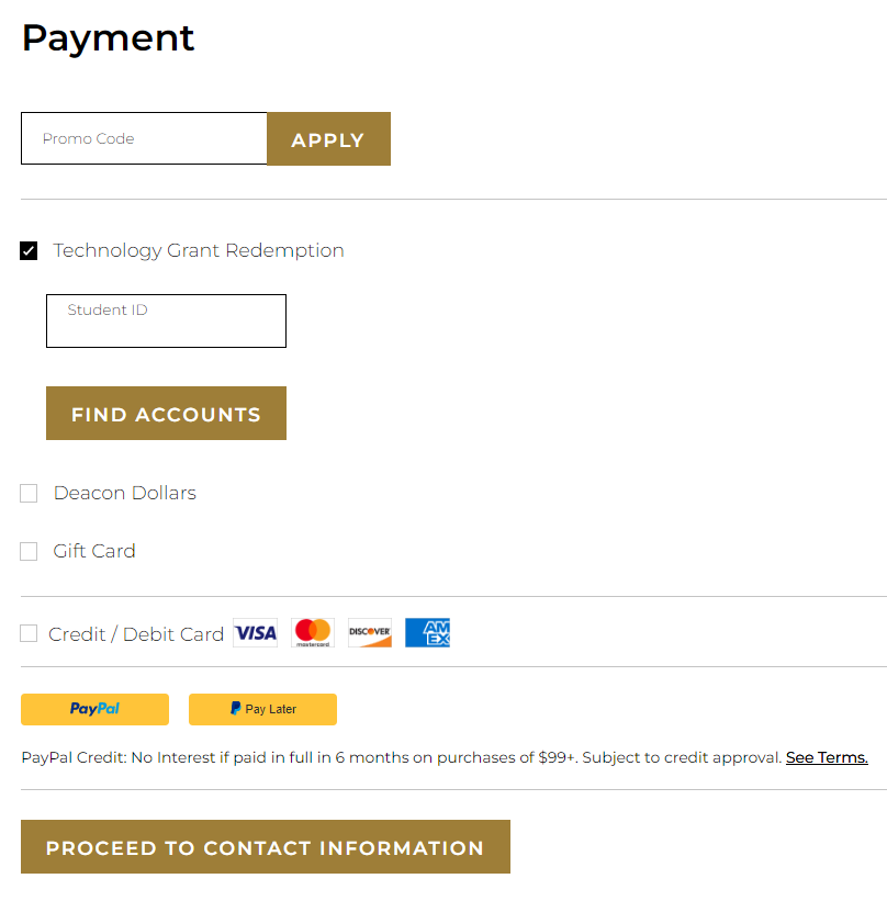 Screenshot of the Payment screen where the user is prompted to check the Technology Grant Redemption box and to enter their Student ID