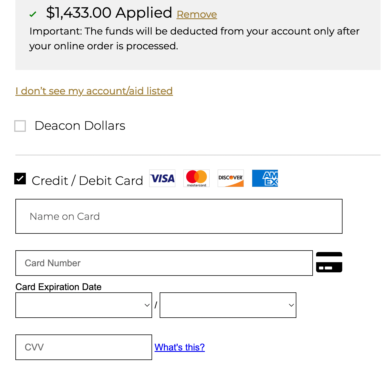 Screenshot of the Credit/Debit Card information screen where the user will enter card information if prompted