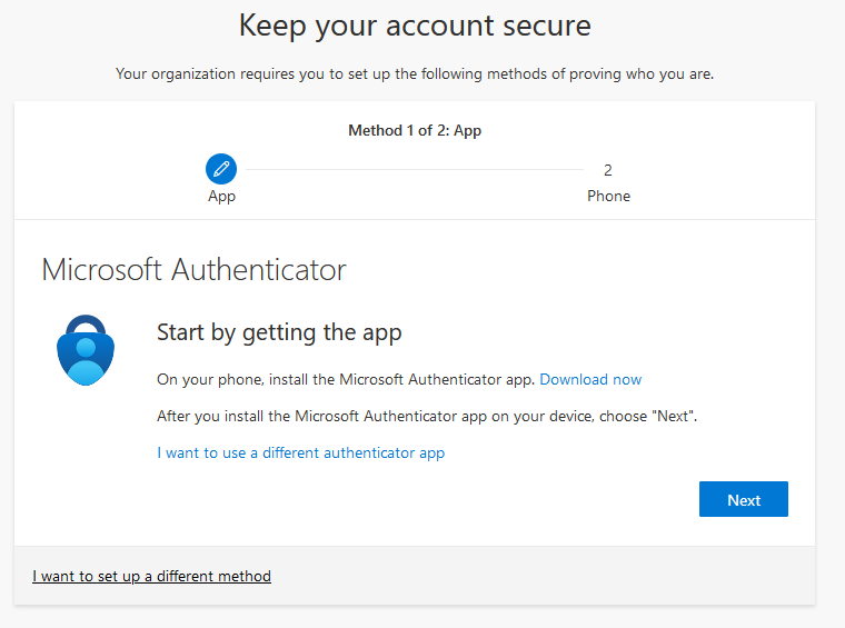 Image of the first step in the enrollment process for Azure MFA