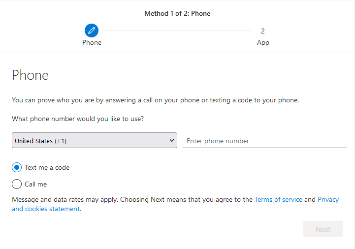 Image of the page where a phone number is requested for setup of Azure MFA
