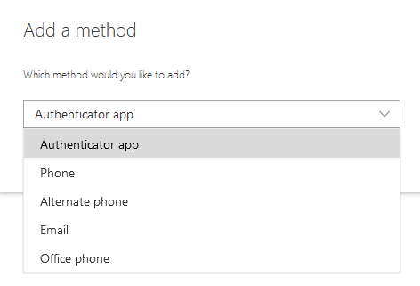 A dropdown menu with the following options: Authenticator app, Phone, Alternate phone, Email, Office phone