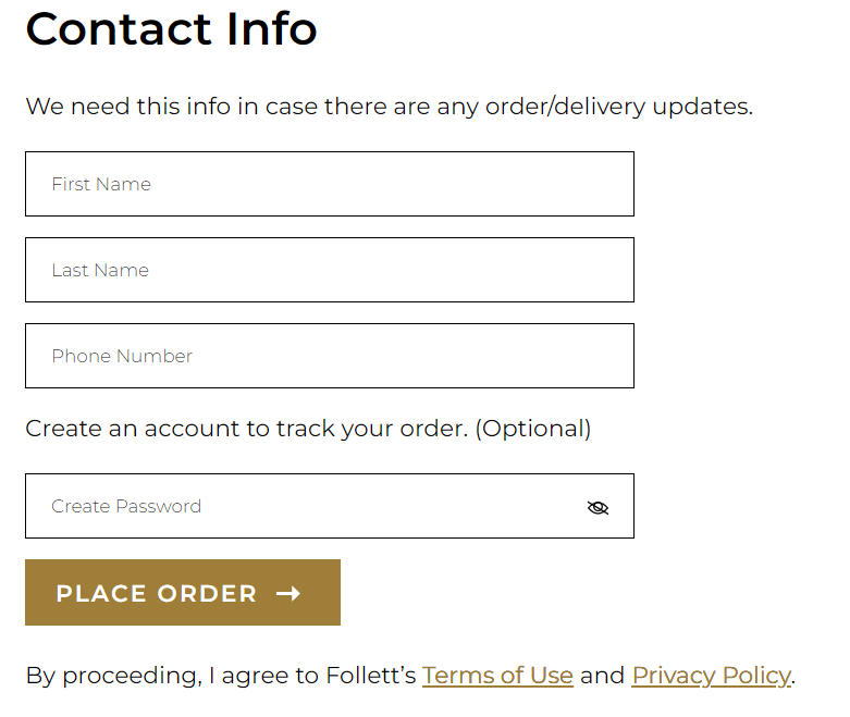 Screenshot of the contact info where user's enter first name, last name and phone. Click the gold Place Order button to proceed.