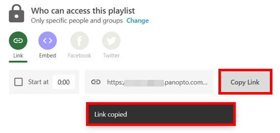 Who can access this playlist, Playlist Share menu. The option "Copy Link" is highlighted by a red box, as is a pop-up message that says "Link copied"