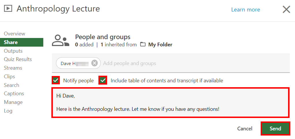 Share menu, Panopto video. On it, the checkboxes for "Notify People" and "Include table of contents and transcript" are both selected and highlighted by a red box, as is the Message text box and Send button.