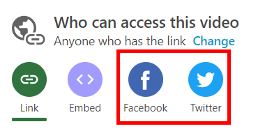 "Who has access" menu on the Panopto Share menu. It is set to "Anyone who has the link." The options for Facebook and Twitter appear in color and are highlighted by a red box.