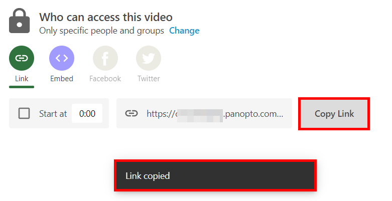 "Who has access" menu on the Panopto Share menu. Underneath it, the "Copy Link" button is highlighted by a red box and the message "Link Copied" appears at the bottom of the window, indicating that the link has been copied.