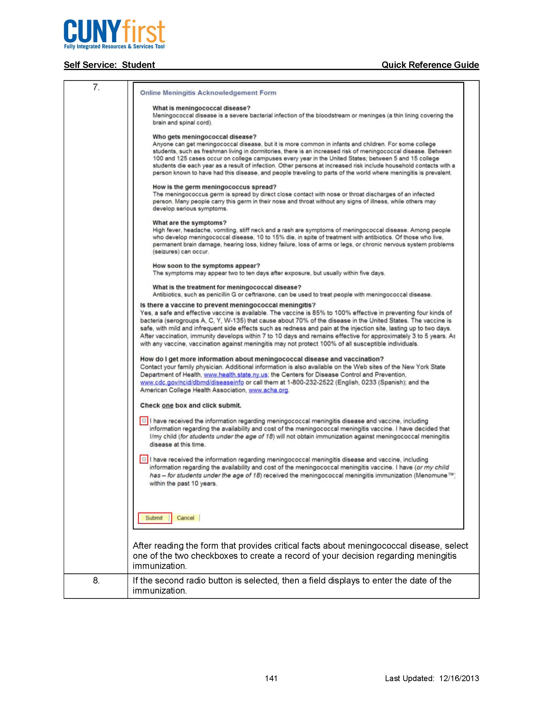 Submit Immunization/Meningitis Acknowledgment Form 2