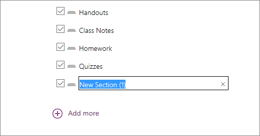 Review the sections of the notebook in the Class Notebook Wizard, including Handouts, Class Notes, Homework, and Quizzes.