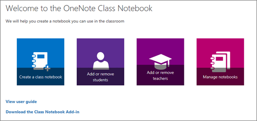OneNote Class Notebook Wizard with icons to Create a class notebook, Add or remove students, Add or remove teachers, and Manage notebooks.