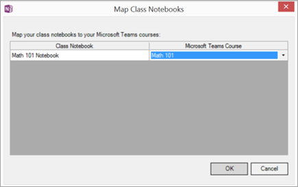 Dialogue box showing Class Notebooks and Microsoft Teams classes mapped by name with buttons for OK and Cancel.