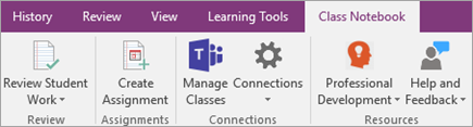 Class Notebook tab in OneNote ribbon showing the Teams Manage Classes button.
