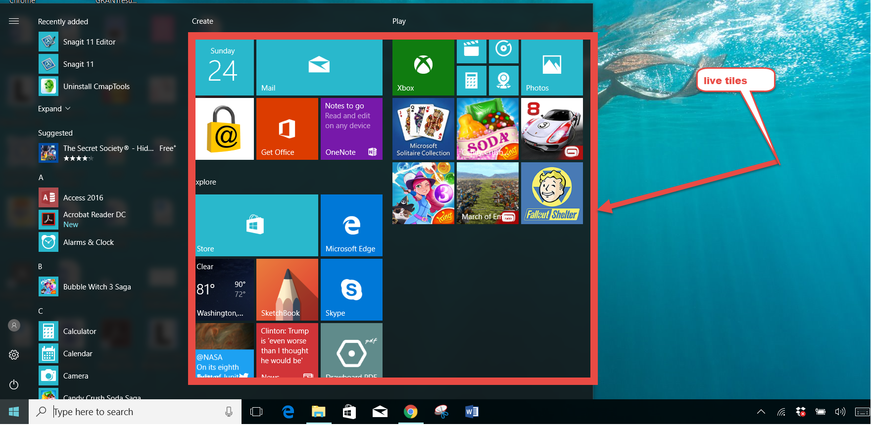 On the right hand of the START menu are “ Live Tiles” or Universal APPS