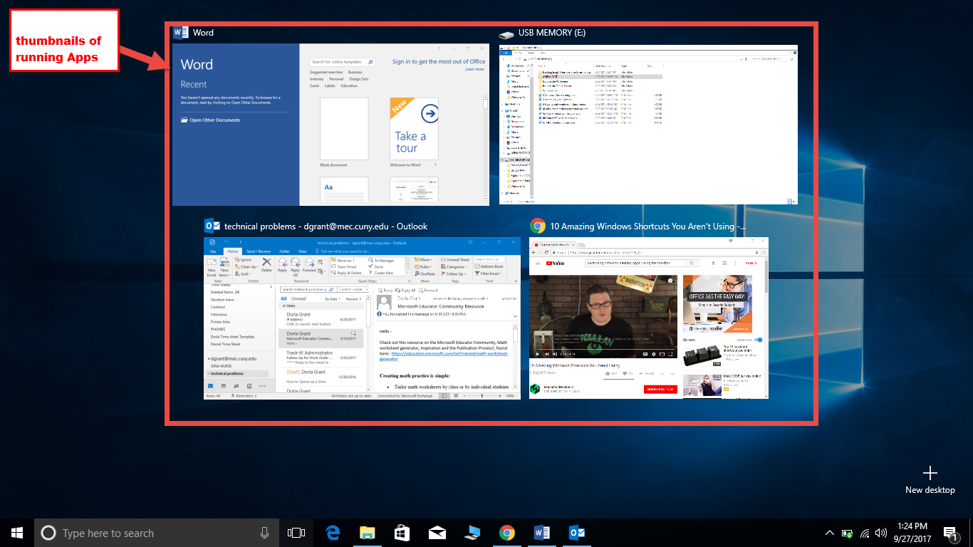Windows will create thumbnails of each running programs in one desktop