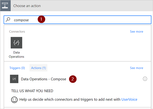search for and select the compose action