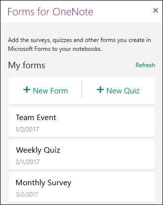 Shows a list of forms and quizzes in the Forms for OneNote panel.