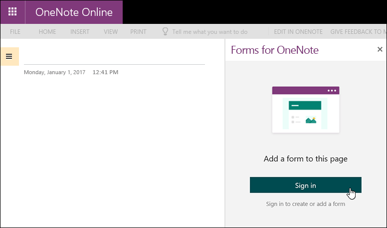 Forms for OneNote panel in OneNote Online