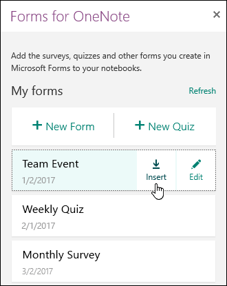 List of forms in the Forms for OneNote Online panel