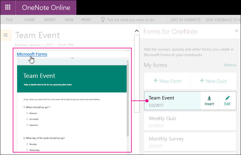 Insert a form from the list of forms in the Forms for OneNote panel