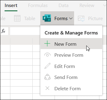 Insert New Form option in Excel Online