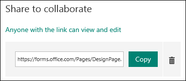 A form collaborate URL link next to a Copy and Delete buttons