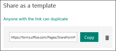 A form template URL link next to a Copy and Delete buttons.