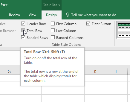 Total Row option in Design tab