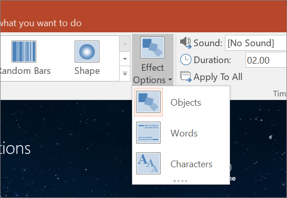 Shows transition effect options for the Morph transition in PowerPoint 2016