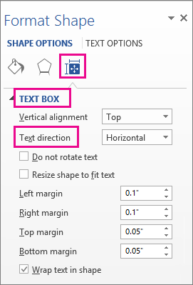 Selecting text direction in the Format Shape pane