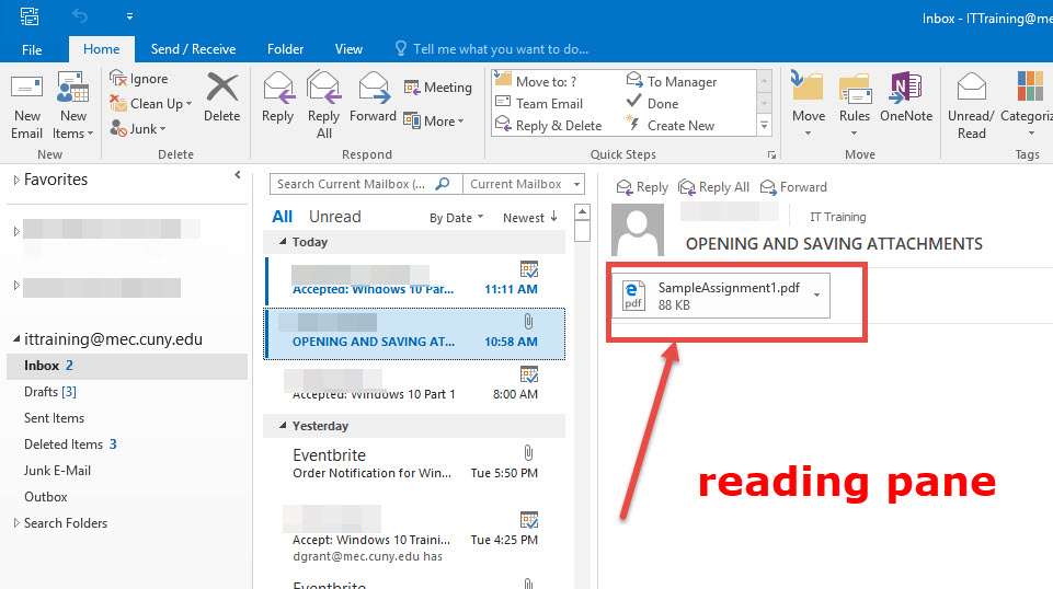 Attachment can be seen at the top of the reading pane