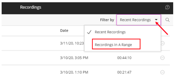 By default, the recording page lists the recordings from the sessions conducted last week.You can access previous recordings by clicking the drop down menu and choosing "Recordings in a Range" and select the date interval.