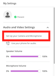 Click Select Set Up your Camera and Microphone to set up your audio and video. 