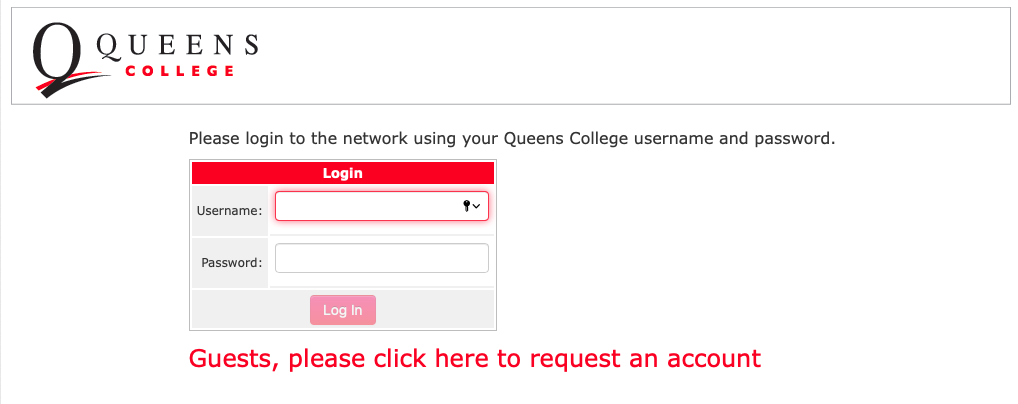 Login in screen for access to the Queens College network