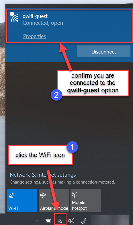Click the Wifi icon and then confirm you are connected to the "qwifi-guest" option