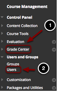 Image of the Blackboard control panel opened on Users and Groups with Users outlined.