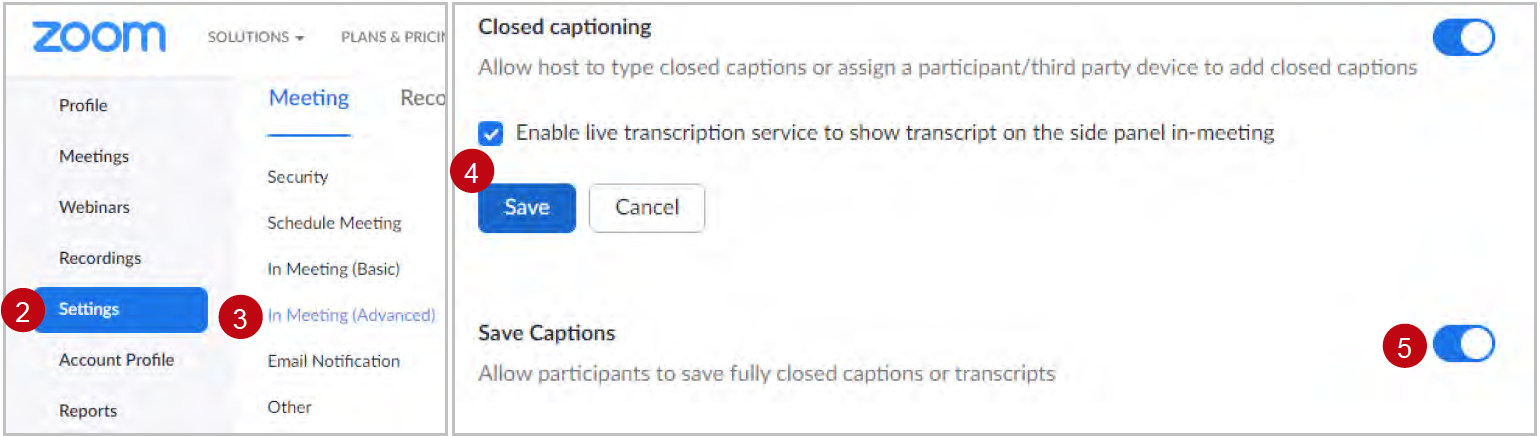 Zoom Settings enable Live Transcription