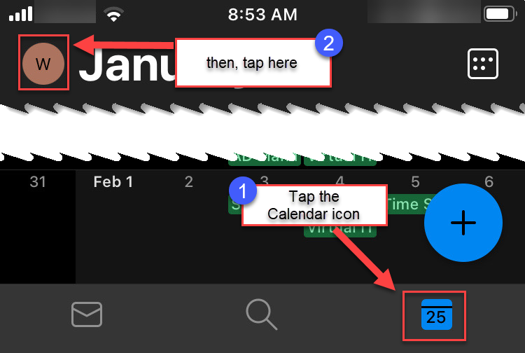tap the Calendar icon in the lower right corner, then tap the user icon in the upper left corner.