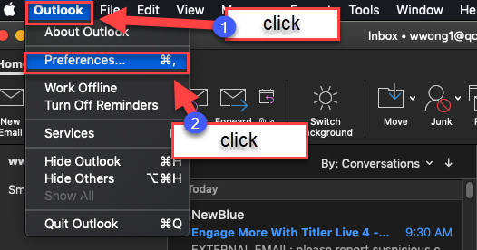 Click on Outlook in the top ribbon then click on Preferences